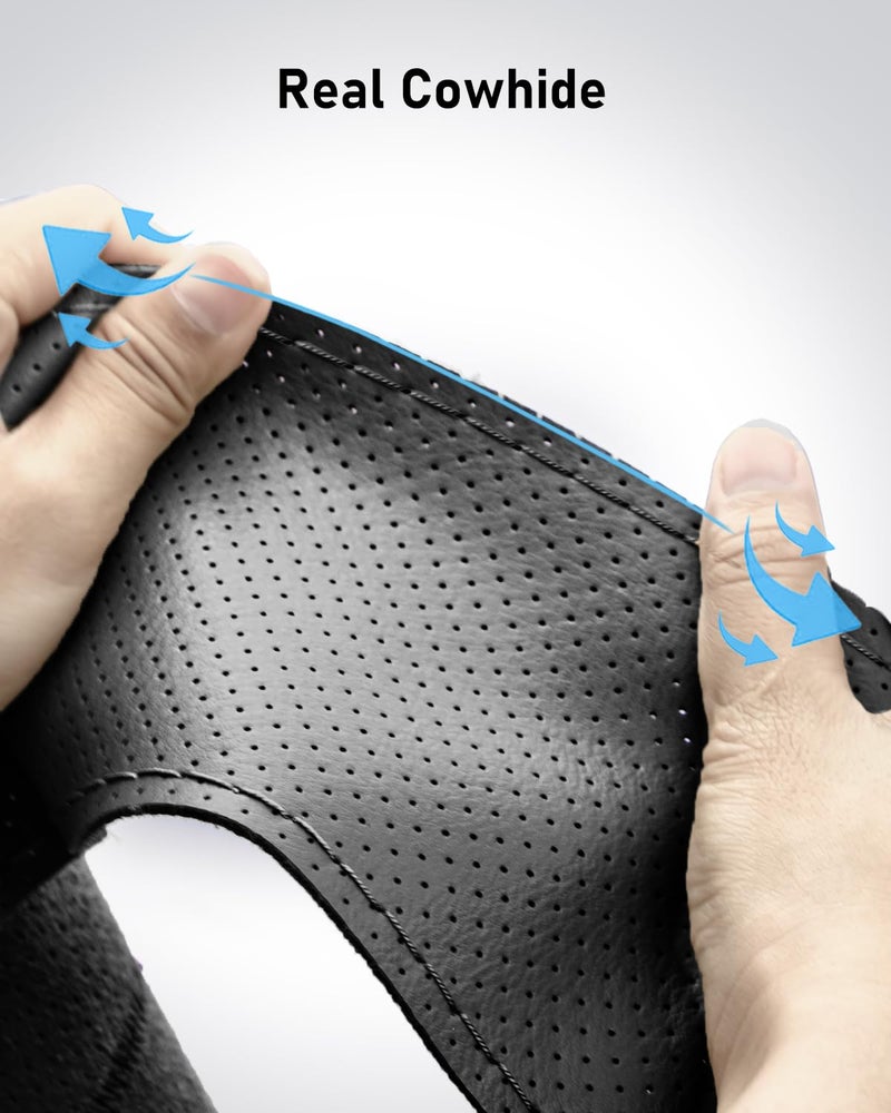 BELINOUS Universal Leather Car Steering Wheel Cover, Stitch On Wrap (Size M5, Black) - Image 4
